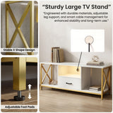 [White] Calvera TV stand detail showing gold X-shaped metal frame joint, adjustable screw foot pad, cable routing hole inset