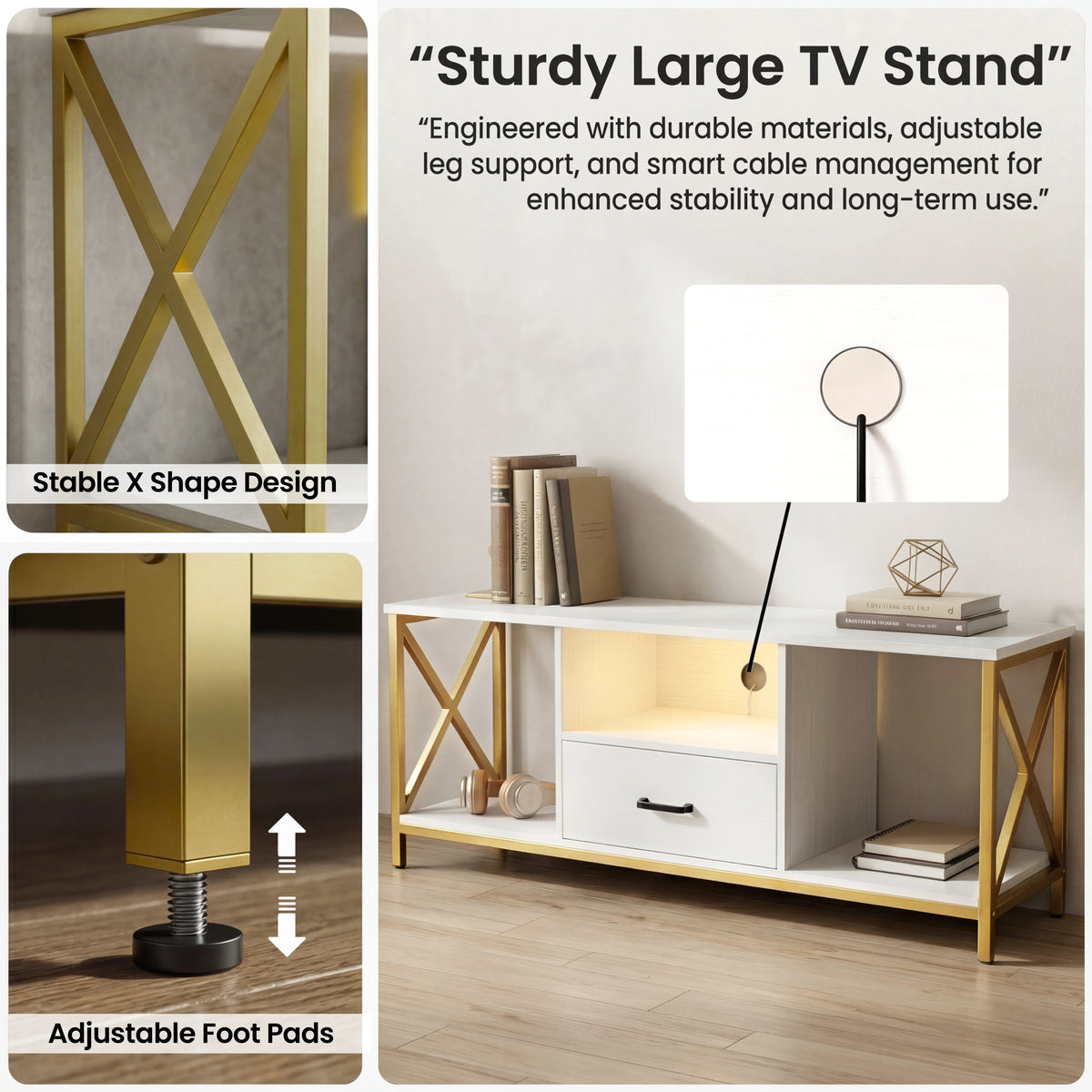 [White] Calvera TV stand detail showing gold X-shaped metal frame joint, adjustable screw foot pad, cable routing hole inset