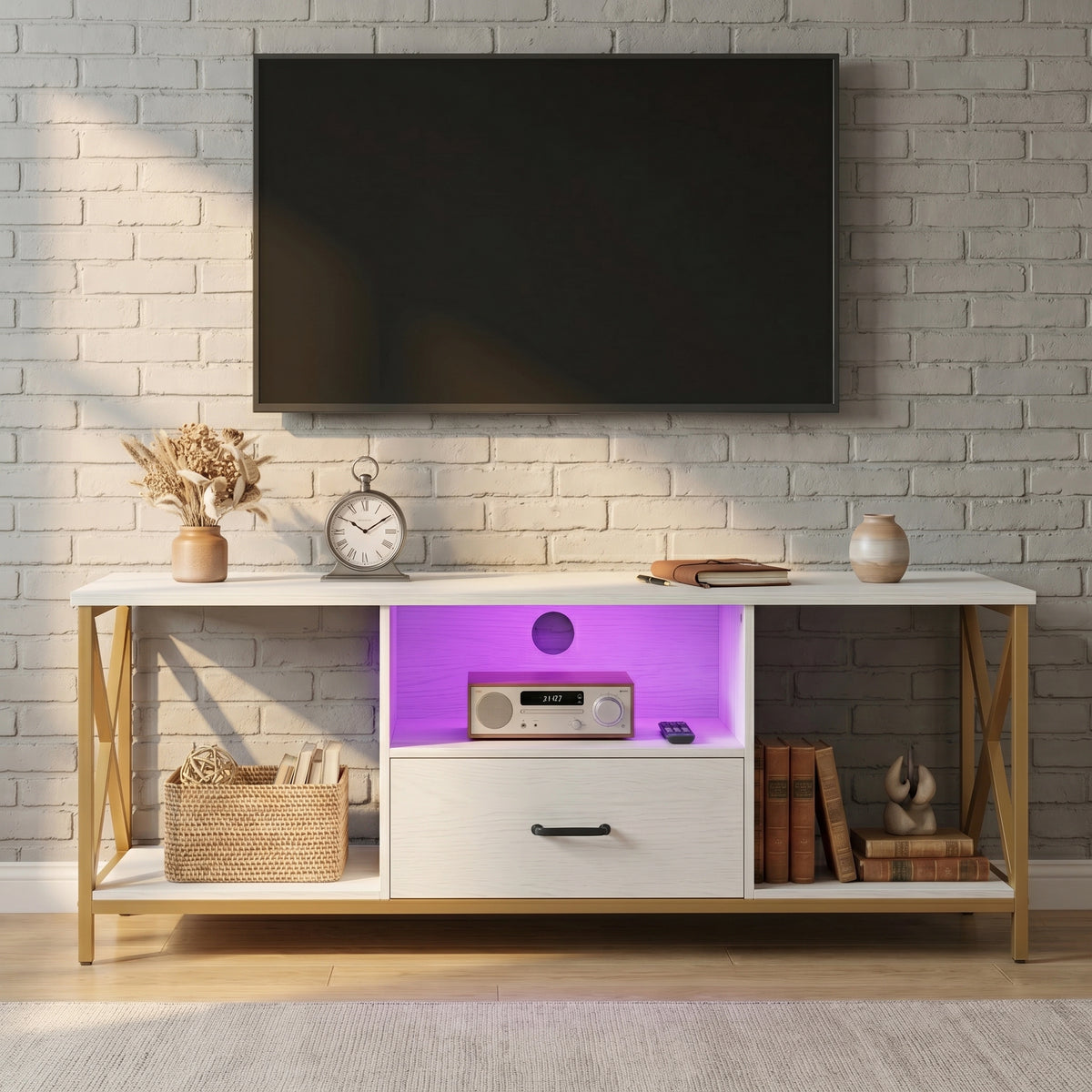 [White] Calvera TV unit straight-on front view with purple LED shelf lighting, central drawer and gold X-frame legs