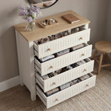 [White] Linra White Painted 3 Piece Bedroom Set - Oak Top high-angle look with all four chest drawers pulled out.