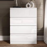 [White] White handleless 4 Drawer Chest of Drawers shown head-on, top three drawers narrower than the lower one.