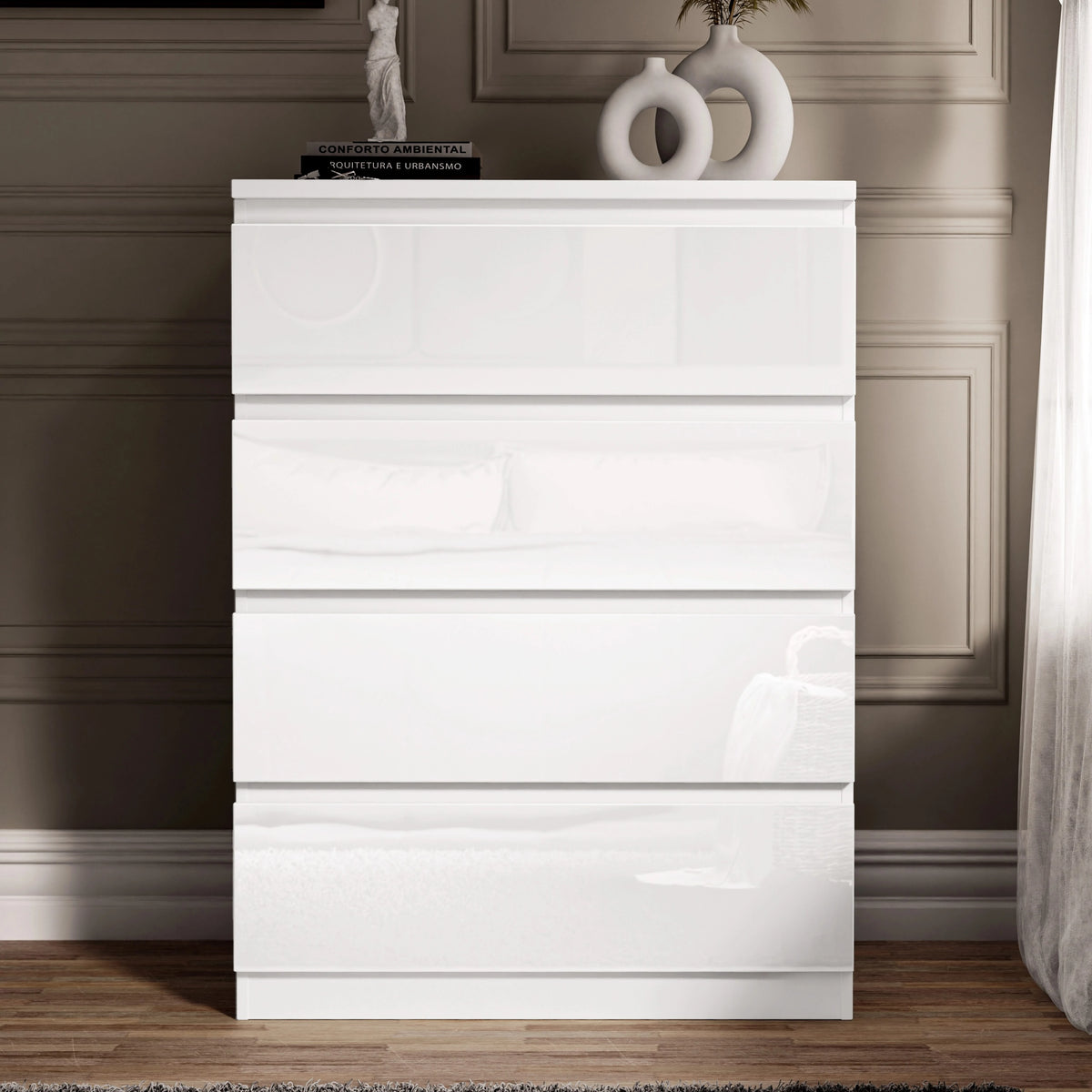 [White] White handleless 4 Drawer Chest of Drawers shown head-on, top three drawers narrower than the lower one.