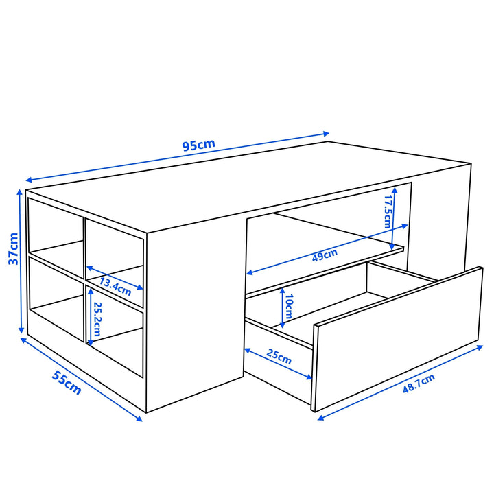 [White] High Gloss Coffee Table with LED Lights dimensions: 95cm wide, 55cm deep, 37cm tall with 49cm drawer span