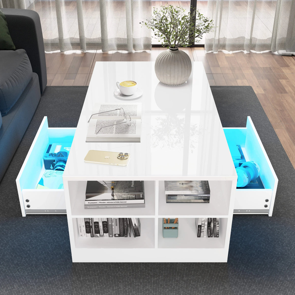 [White] Top view of white high gloss coffee table with open drawers and blue LED lights