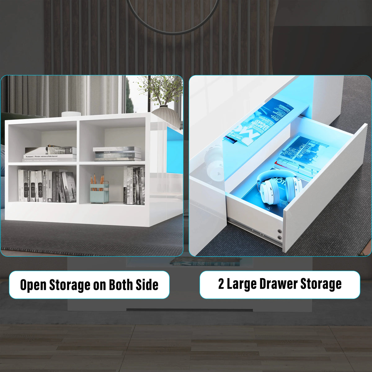 [White] Close-up panels of white coffee table open shelving and drawer interior storage capacity