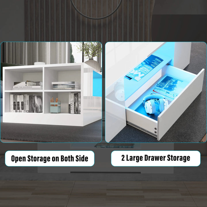 [White] Close-up panels of white coffee table open shelving and drawer interior storage capacity