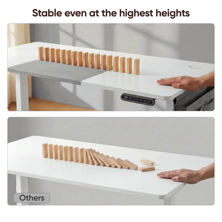 [140cm x 60cm] Stability test of 140x60cm white electric standing desk: row of upright dominoes stays on raised top