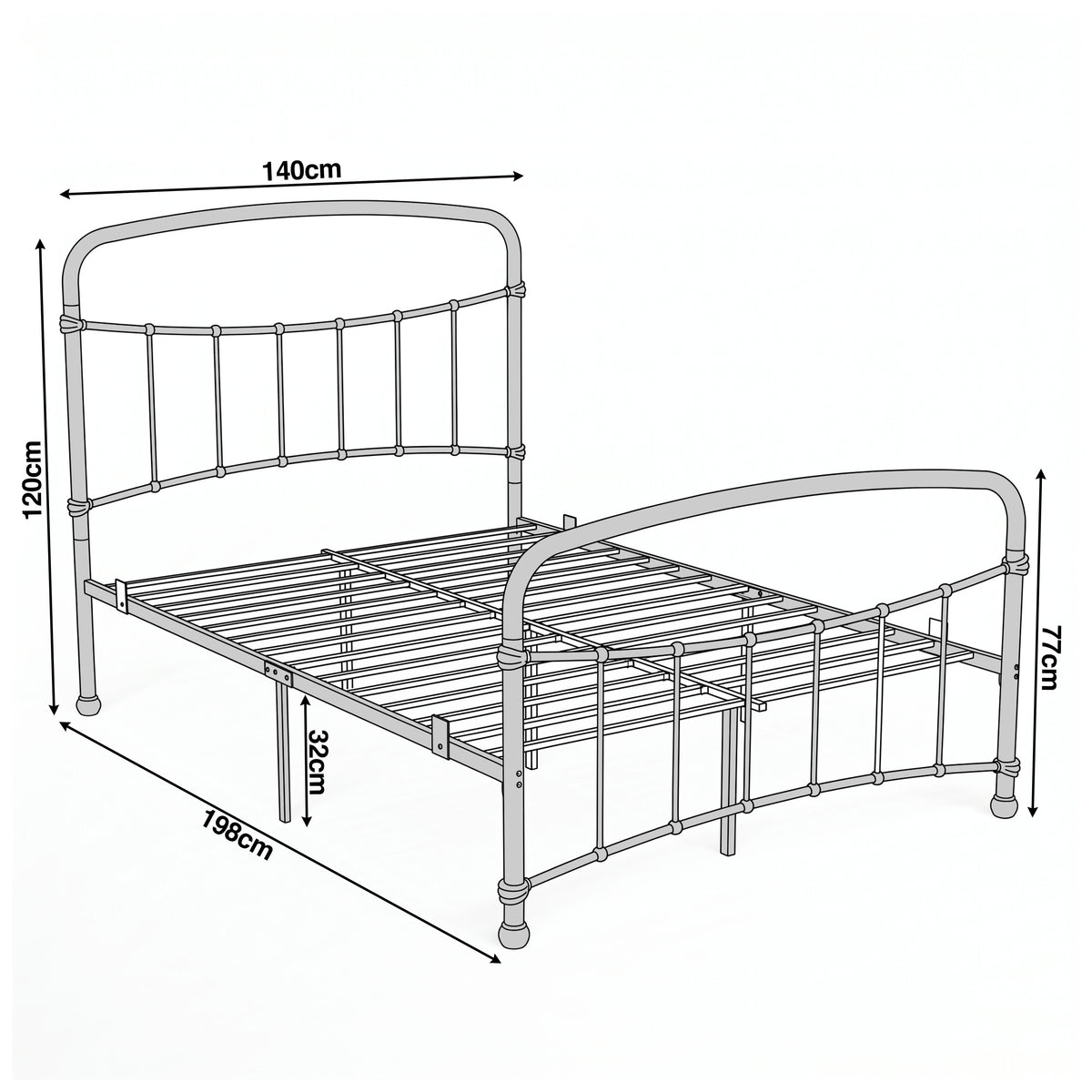 [White | Double] Dimension of bed frame, 140cm(W) x 198 cm (L) x 32 cm clearance, with head board H120 cm, footboard H 77 cm.