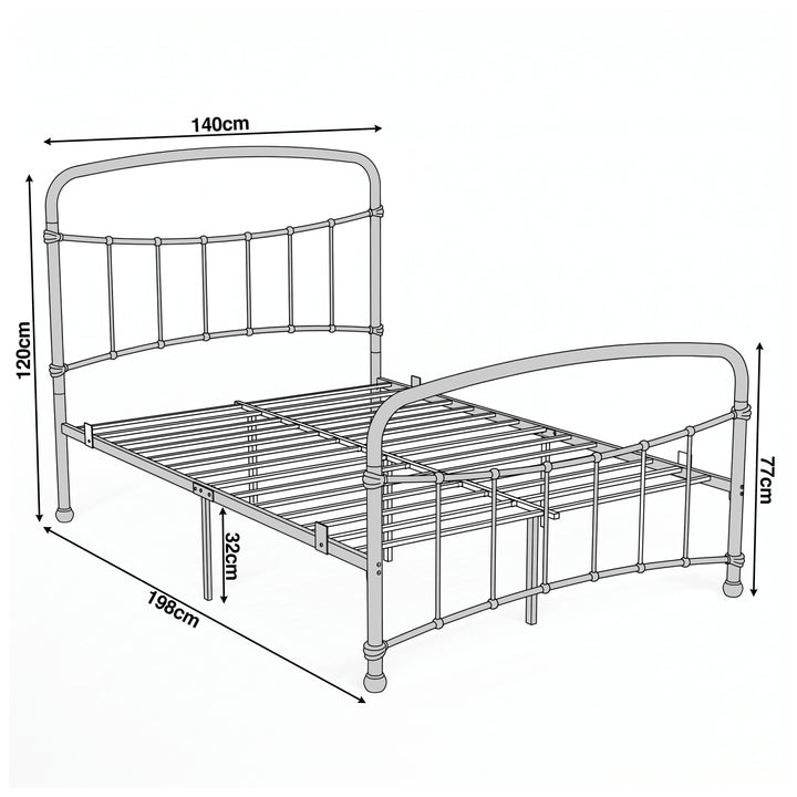 [White | Double] Dimension of bed frame, 140cm(W) x 198 cm (L) x 32 cm clearance, with head board H120 cm, footboard H 77 cm.