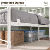 [White | Double] Graphic showing 32 cm space under the white bed frame, with baskets and luggage stored below.