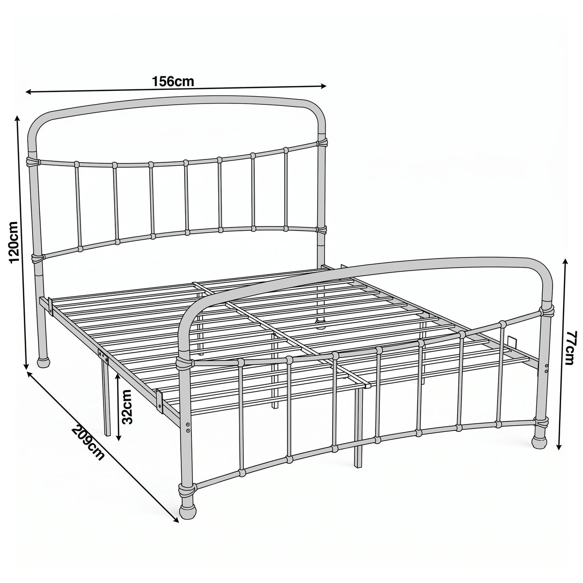 [White | King] Dimension of bed frame, 156cm(W) x 209 cm (L), with 32 cm clearance, head board H120 cm, footboard H 77 cm.