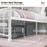 [White | Single] Graphic showing 32 cm space under the white bed frame, with baskets and luggage stored below.