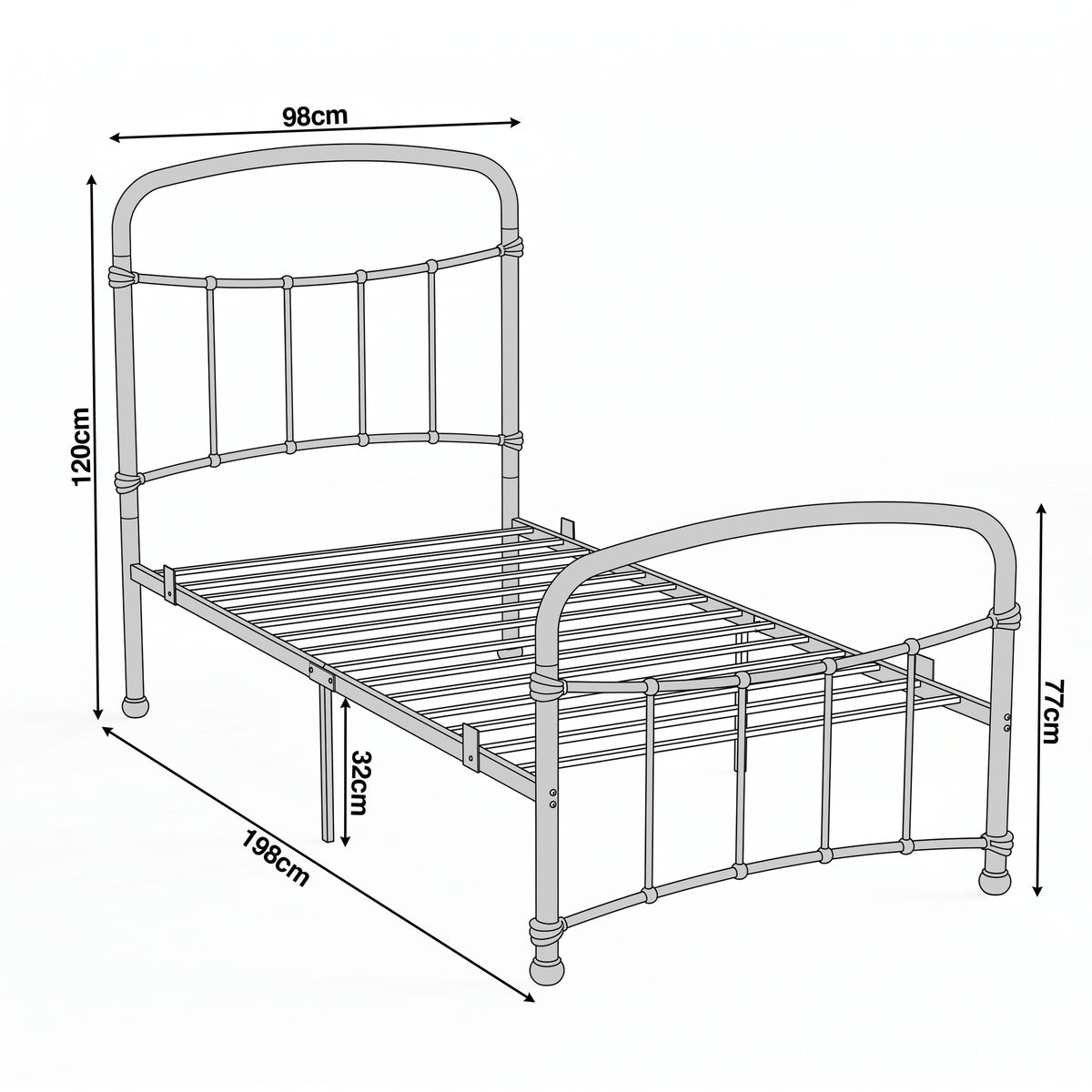 [White | Single] Dimension of a bed frame, 98cm(W) x 198 cm (L), with 32 cm clearance, headboard H120 cm, footboard H77 cm.