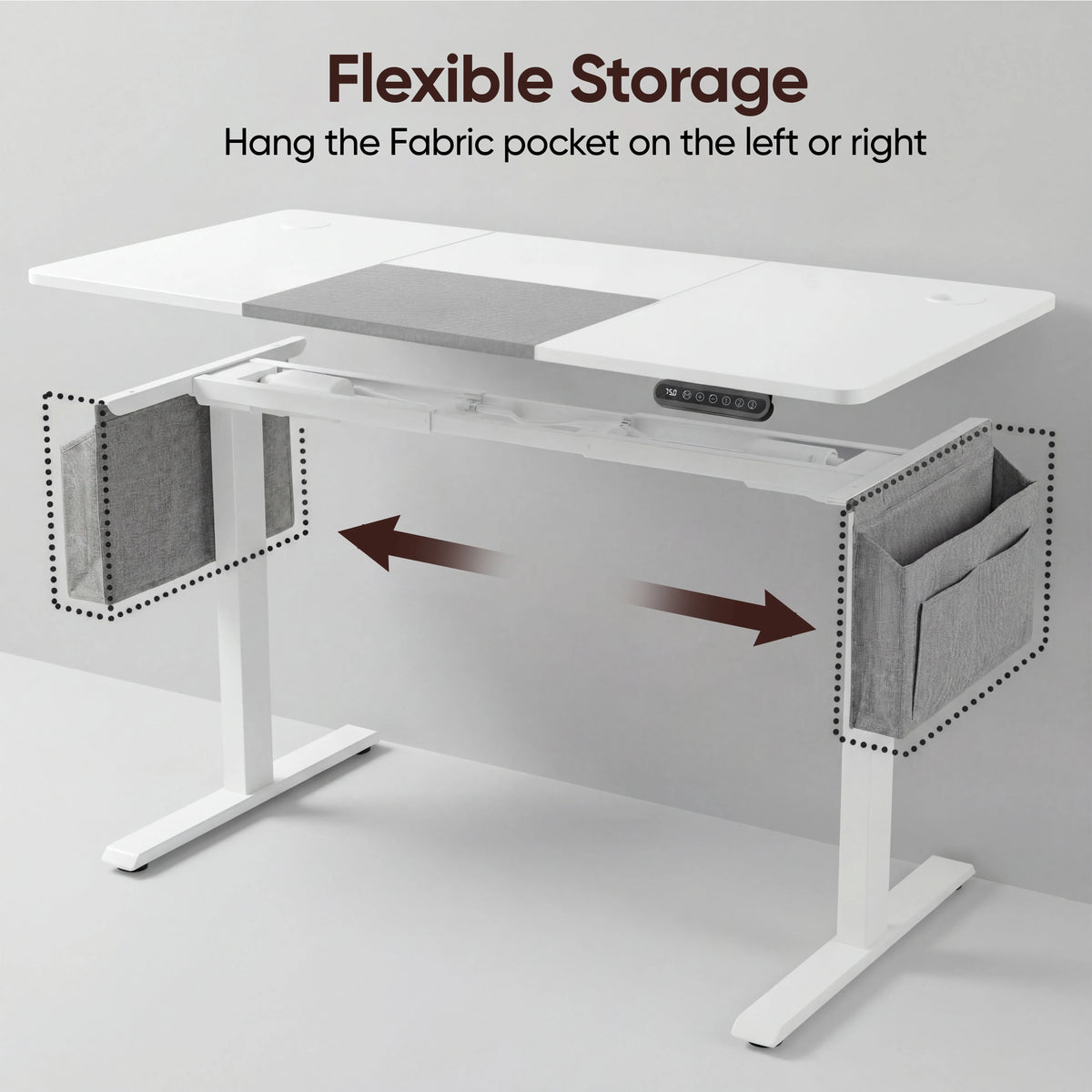 [120cm x 60cm] Flexible pocket view of 120x60cm white electric standing desk: pouch clips onto either short side