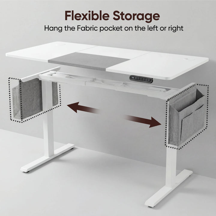[120cm x 60cm] Flexible pocket view of 120x60cm white electric standing desk: pouch clips onto either short side