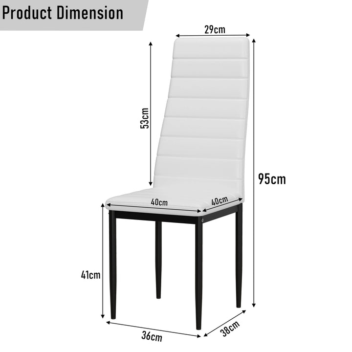 [6 Seater | White] white dining chair measurement schematic: height 95cm, back 53cm, seat 40 by 40cm, base 36 by 38cm