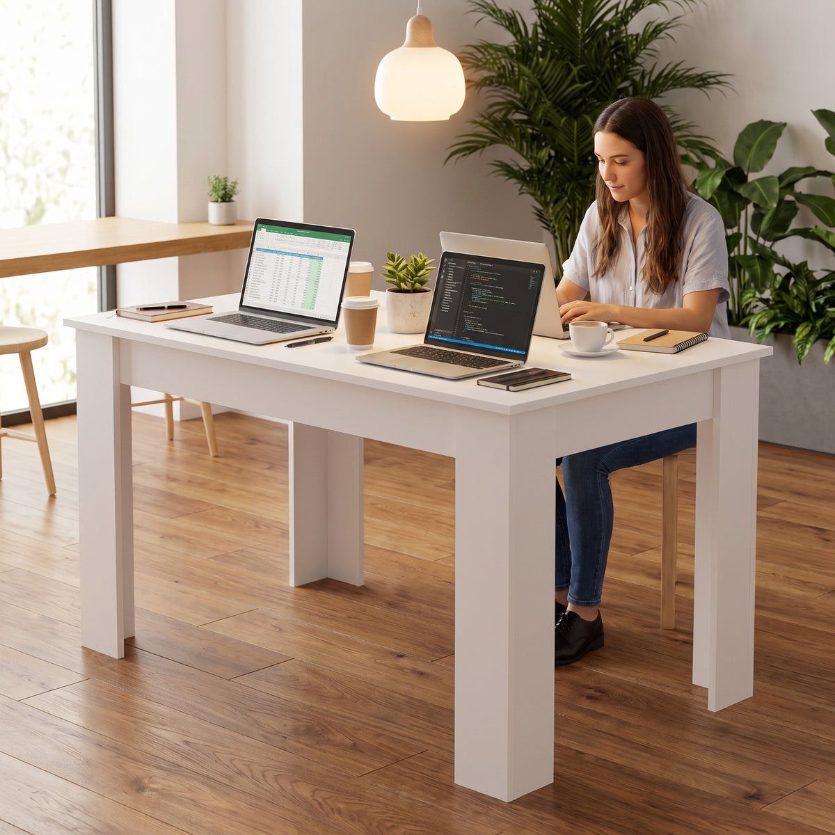 [120 cm | White] 4 and 6 Seater Dining Table Rectangle used as a dual workspace with laptops, notebooks, and a woman working.