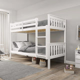 [White] white detachable double bunk bed angled view with grey bedding on both bunks and woven baskets beside frame