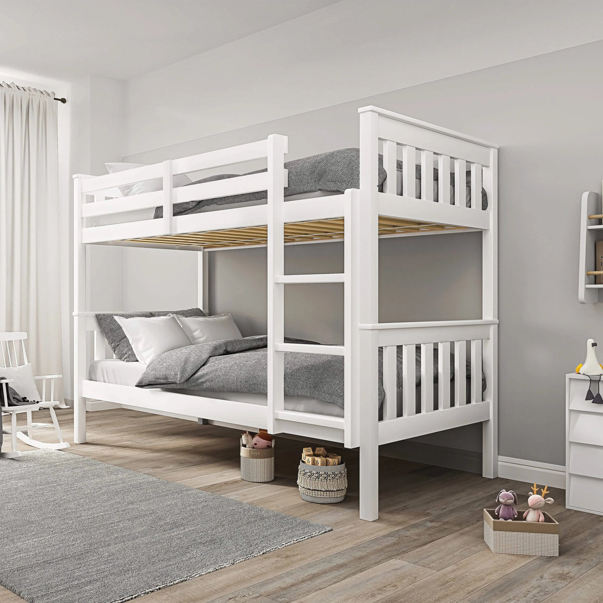[White] white detachable double bunk bed angled view with grey bedding on both bunks and woven baskets beside frame