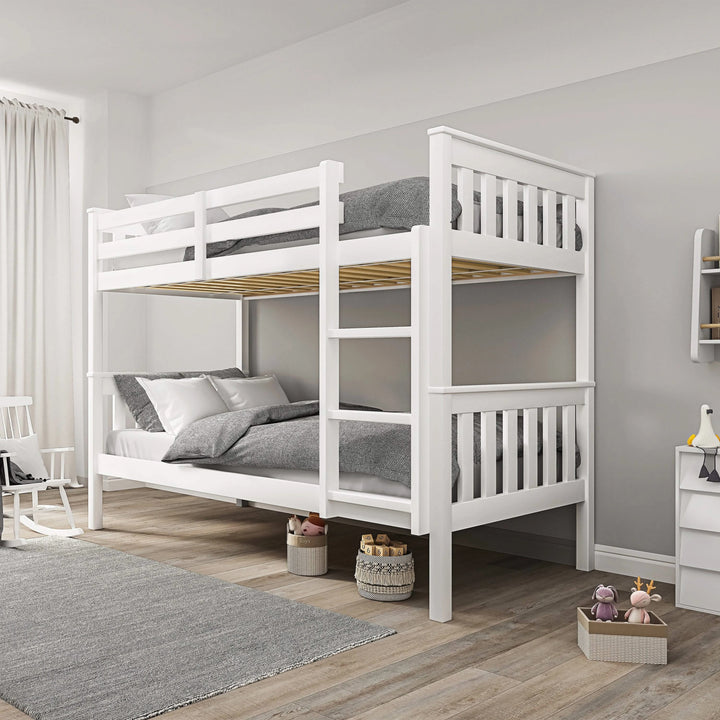 [White] white detachable double bunk bed angled view with grey bedding on both bunks and woven baskets beside frame