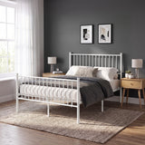 [White | Double] Front view of white metal bed with tall bar headboard, matching footboard, neutral bedding and centre leg.