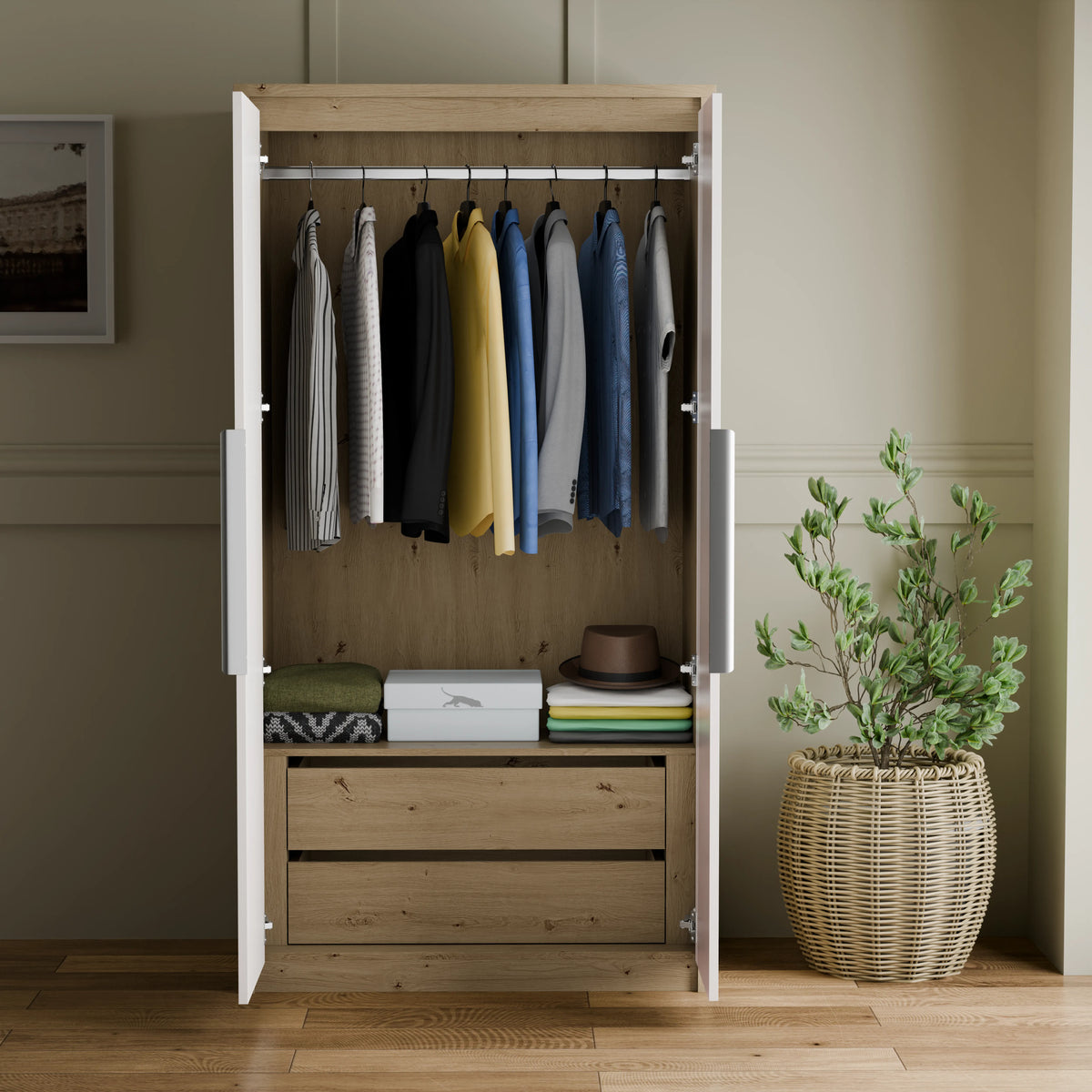 [Oak+White] Skova 3 Piece Bedroom Set wardrobe with hanging rail, two drawers, and wood finish interior