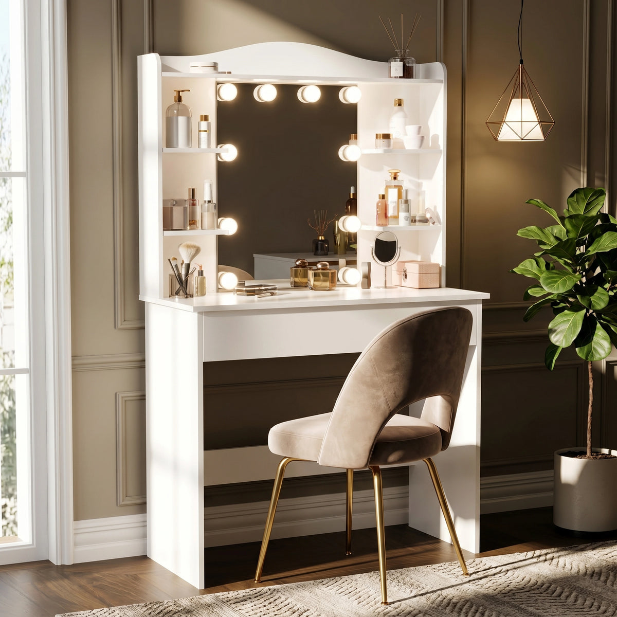 [White] Dressing Table With Mirror & Led Lights with Hollywood bulbs, side shelves and a velvet chair in a dark bedroom