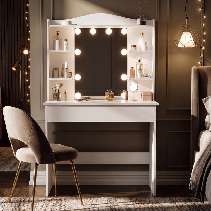 [White] Dressing Table With Mirror & Led Lights front view in a dark bedroom with fairy lights skincare on side shelves