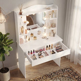 [White] Dressing Table With Mirror & Led Lights showing open drawer with makeup and lit Hollywood mirror bulbs