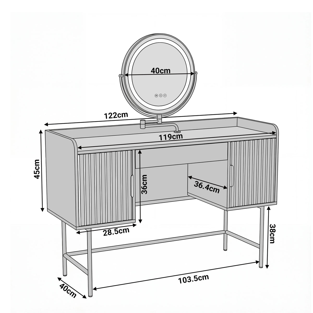 [White] Dimensions diagram of a white dressing table with a width of 122cm, depth of 40cm, and height of 83cm