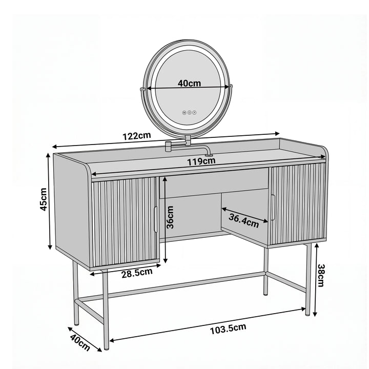 [White] Dimensions diagram of a white dressing table with a width of 122cm, depth of 40cm, and height of 83cm