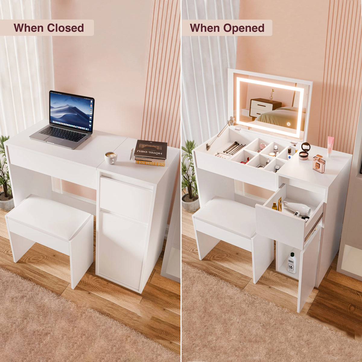 [White] white dressing table shown closed as desk with laptop and books, opened to reveal lit mirror and tray
