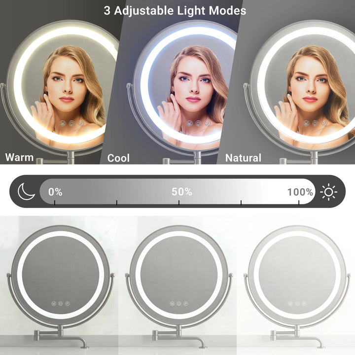 [White] white vanity LED mirror demo card showing three lighting temperatures and an adjustable brightness scale