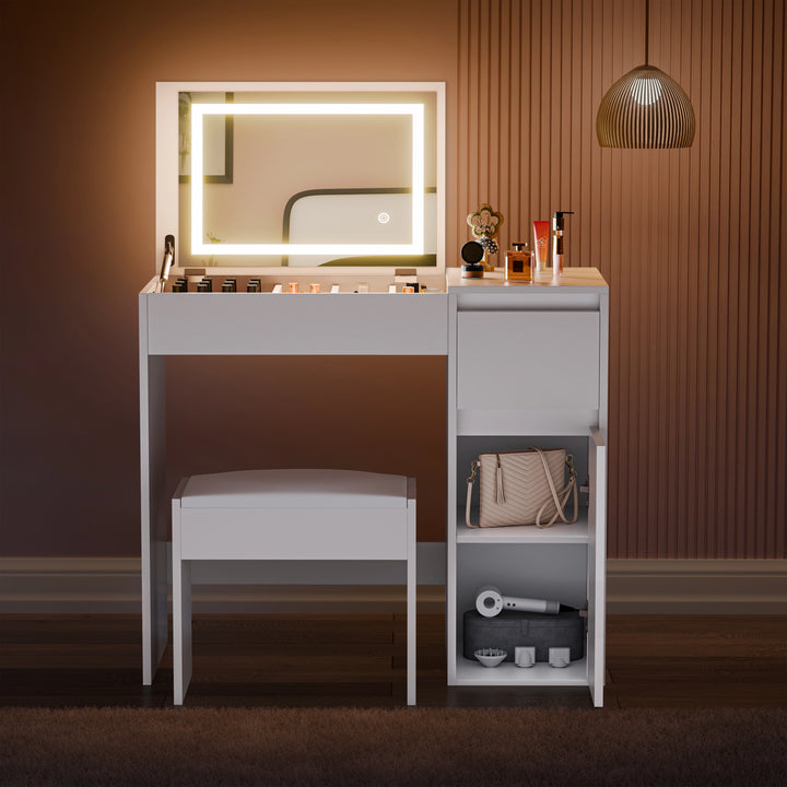 [White]  Dressing table with mirror and stool in a room setting