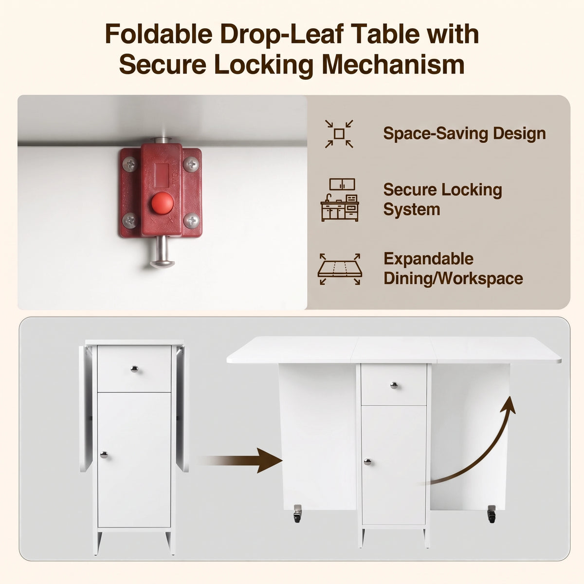 [White] Drop leaf dining table guide showing the red secure locking catch & steps from folded to fully open using side leaves