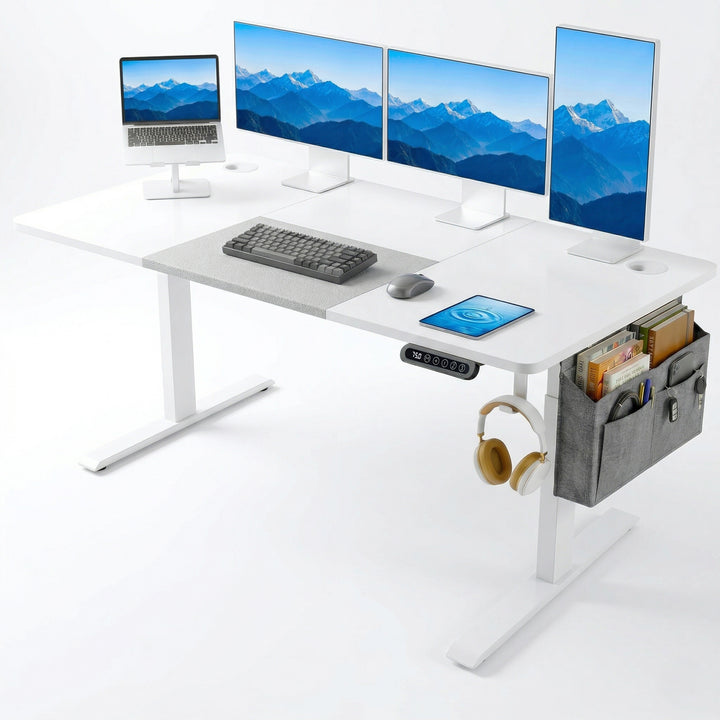 [160cm x 70cm] Electric Standing Desk Height Adjustable White Office Desk showcasing an expansive four-screen configuration including a elevated laptop, twin horizontal monitors, and a vertical display