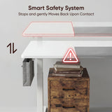 [160cm x 70cm] Safety view of 160x70cm white electric standing desk: red outline shows halt and reverse on contact