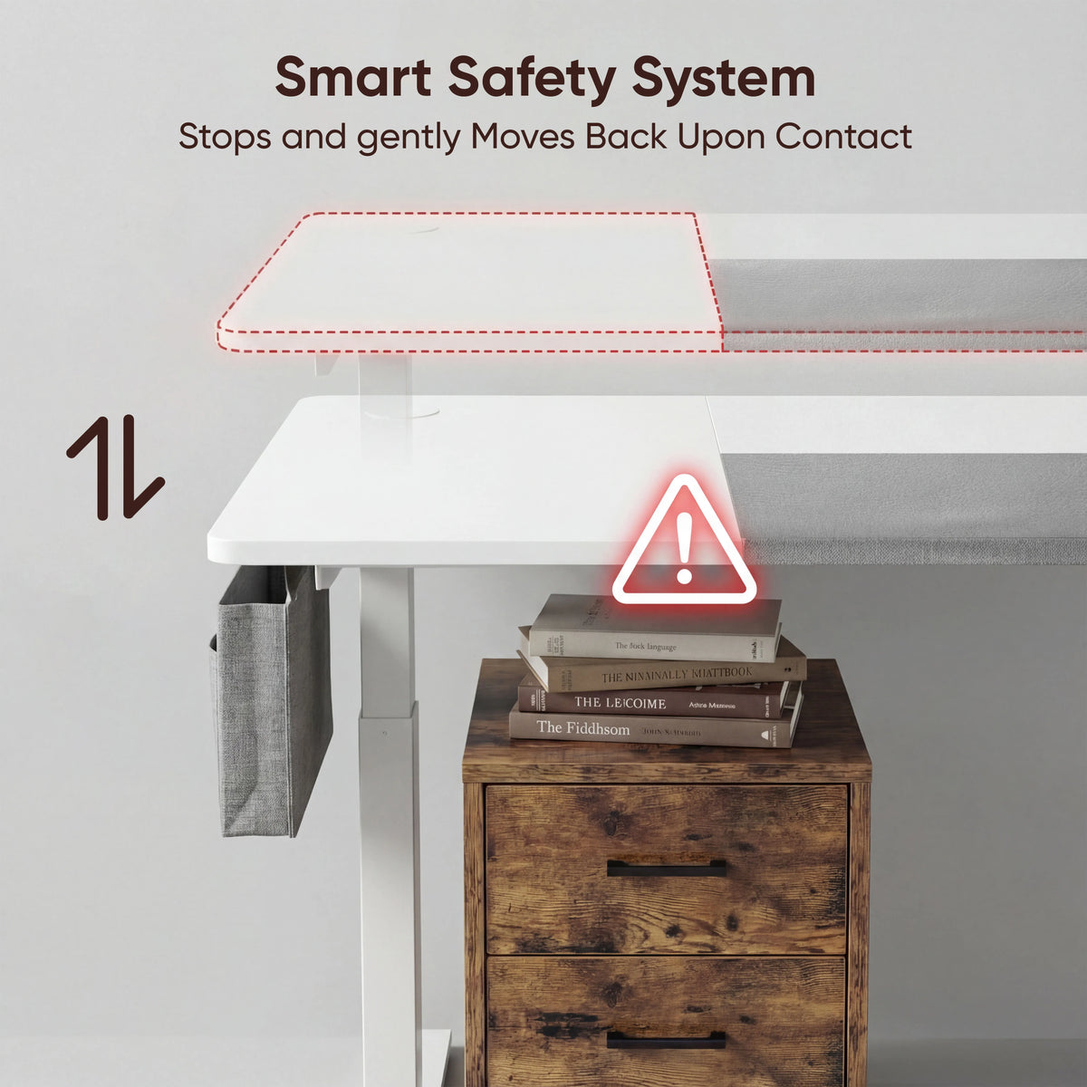 [160cm x 70cm] Safety view of 160x70cm white electric standing desk: red outline shows halt and reverse on contact