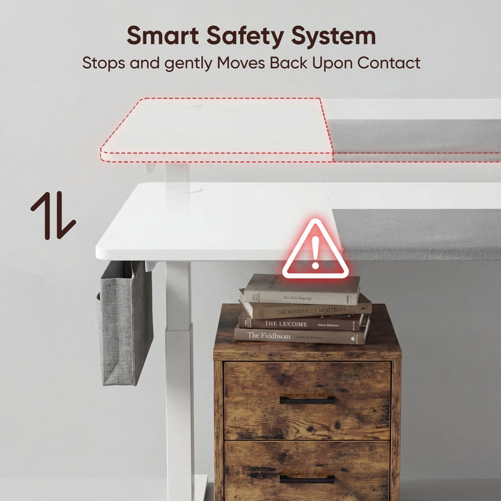 [160cm x 70cm] Safety view of 160x70cm white electric standing desk: red outline shows halt and reverse on contact