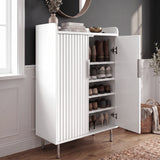[White] Fluted White Painted 5 Tier Shoe Storage cabinet angled open view showing four interior shelves with boots, trainers and heeled shoes stored