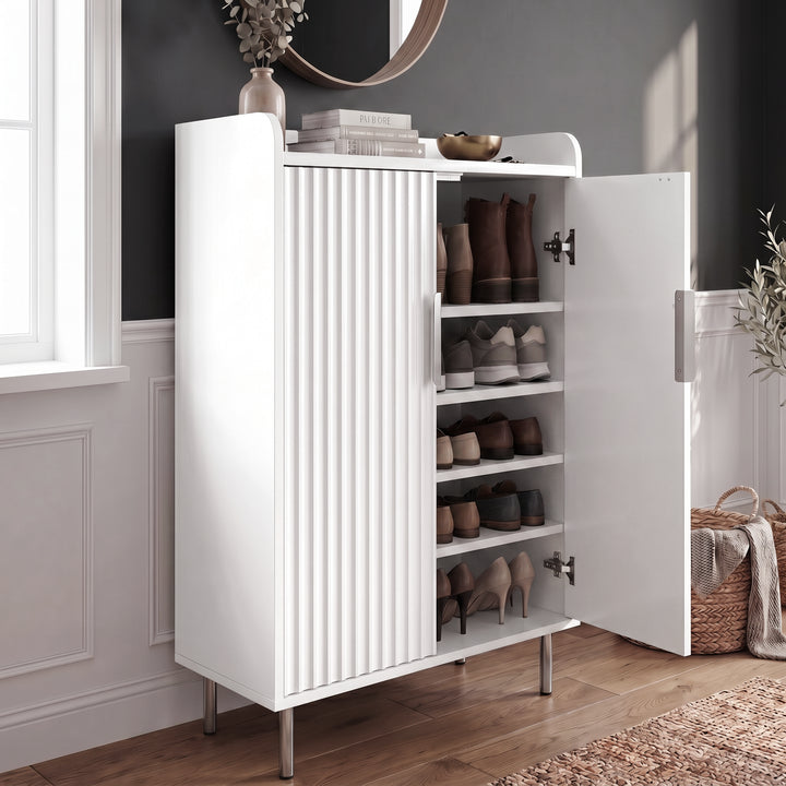 [White] Fluted White Painted 5 Tier Shoe Storage cabinet angled open view showing four interior shelves with boots, trainers and heeled shoes stored