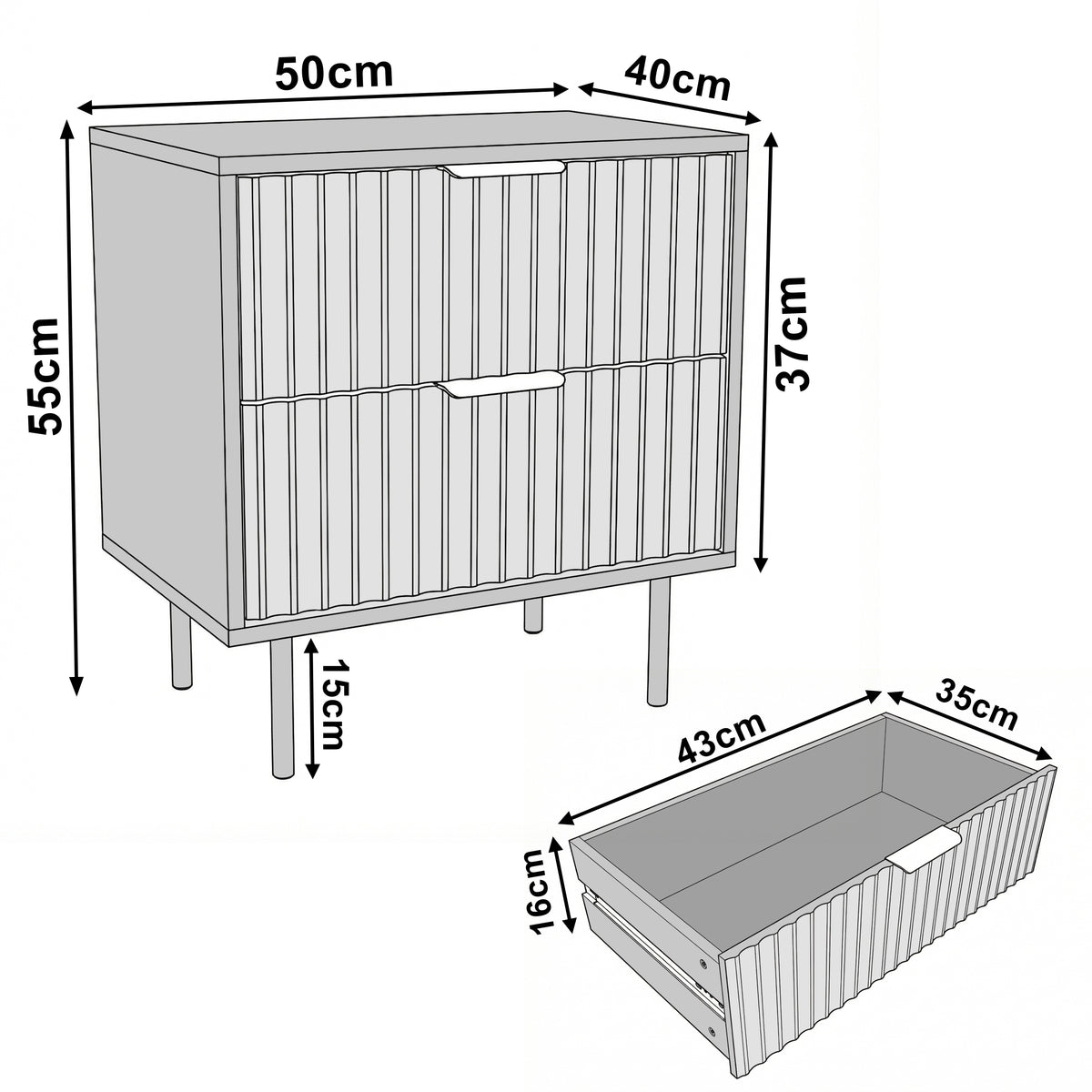 [White] Flutrina bedside table dimension diagram showing 50 cm width, 40 cm depth, 55 cm height, with the drawer details