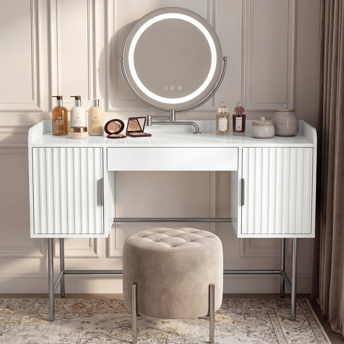 [White] dressing table with three drawers and a round mirror in flutrina design, placed against a wall in a softly lit room