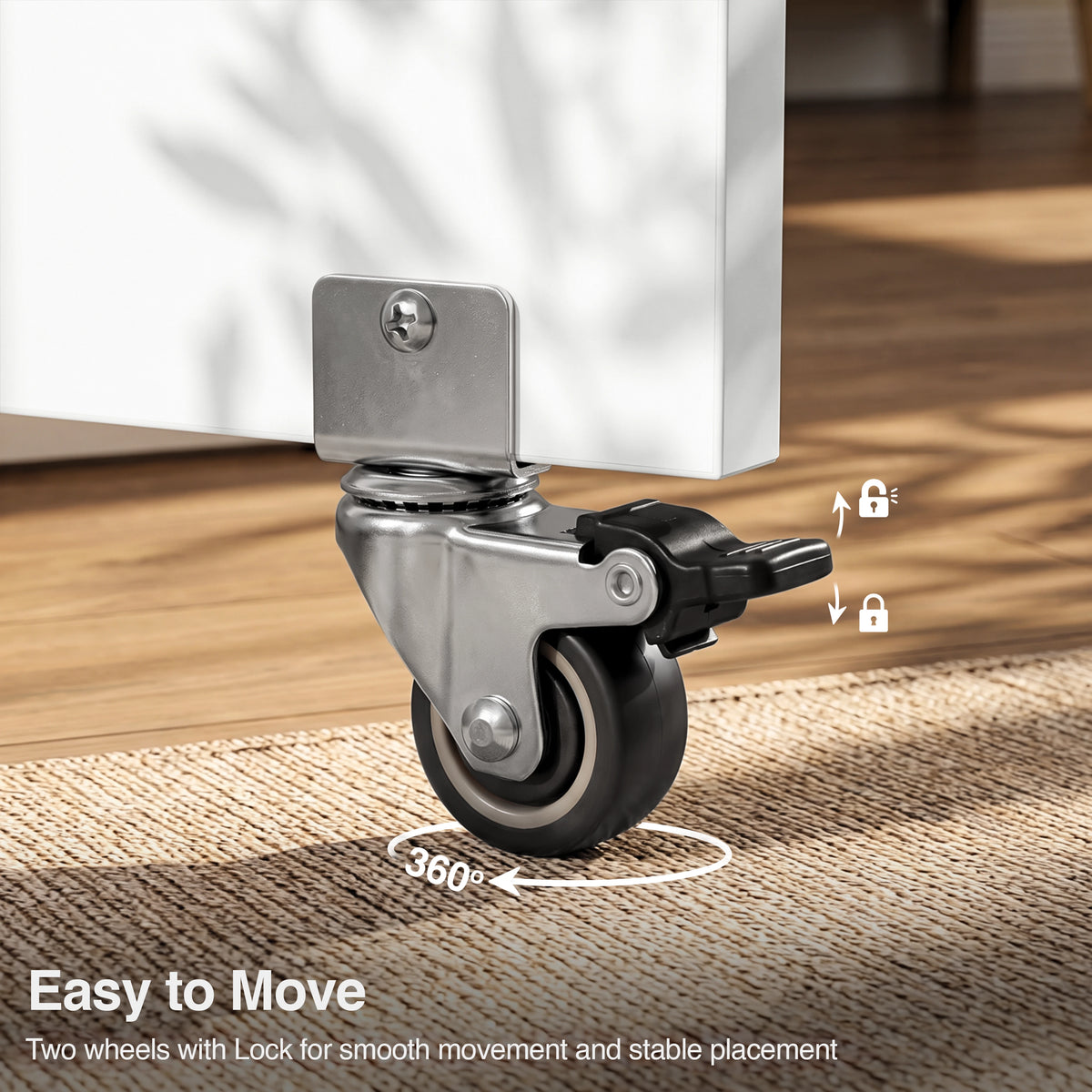 [White] Dining table with wheels close-up view showing a 360-degree swivel caster and foot-operated brake.