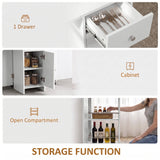 [White] Folding dining table with storage guide showing a cutlery drawer, two-shelf cabinet & two open side shelves with rods