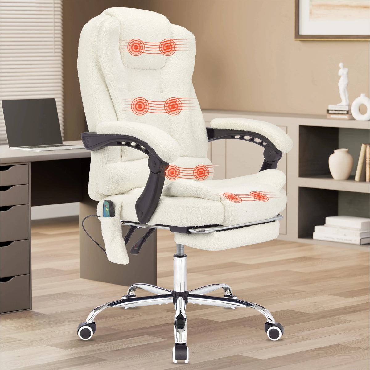 [White Fur Fabric] styled in a clean office setup, this white fur massage desk chair adds softness and ergonomic comfort to your space