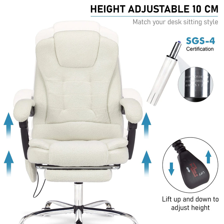 [White Fur Fabric] shown mid-adjustment, this white fur vibrating desk chair includes graphics of the lift piston and seat height knob