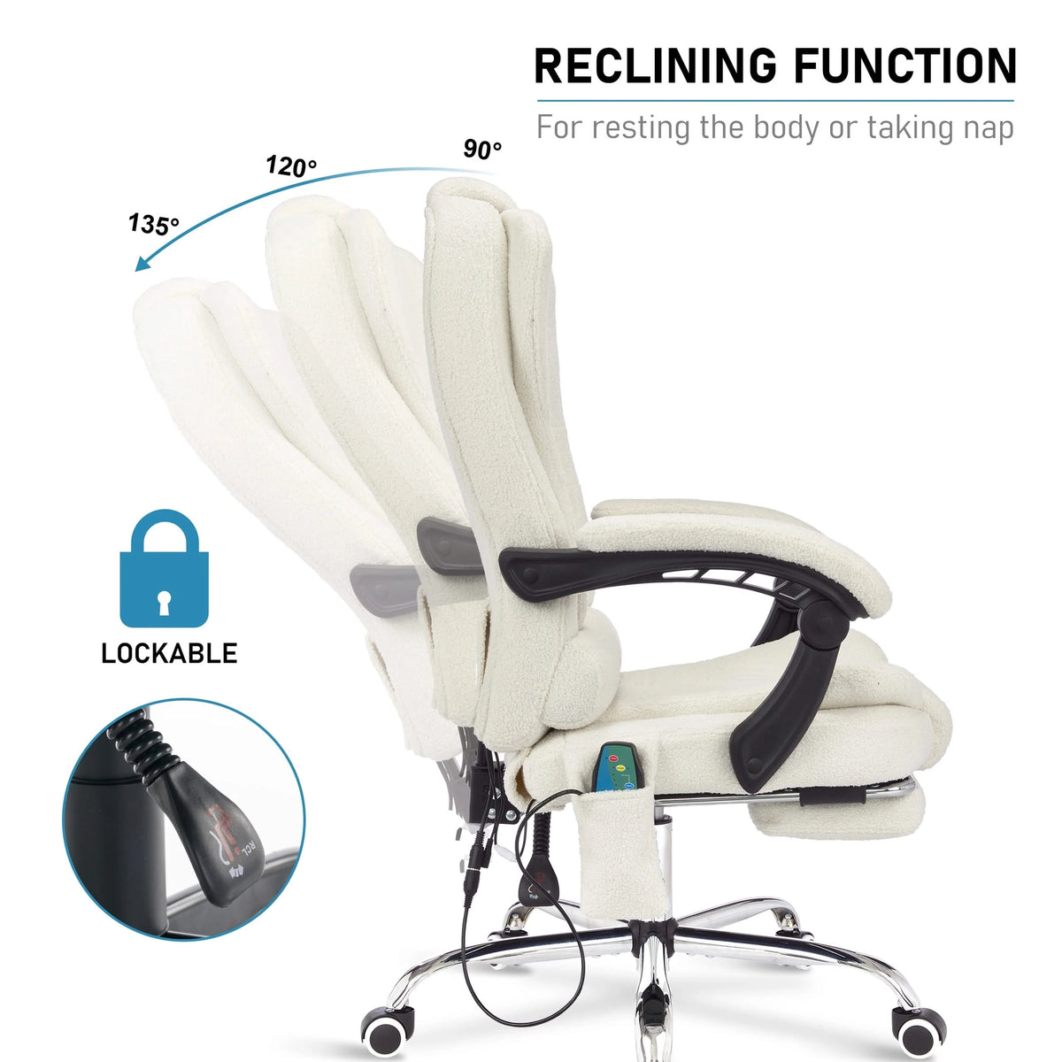 [White Fur Fabric] captured in full recline, this white desk chair shows its tilt function and inset shows control knob for easy adjustment