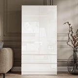 [White] front view of 2 door white gloss wardrobe for the bedroom, featuring bottom drawers and handleless design