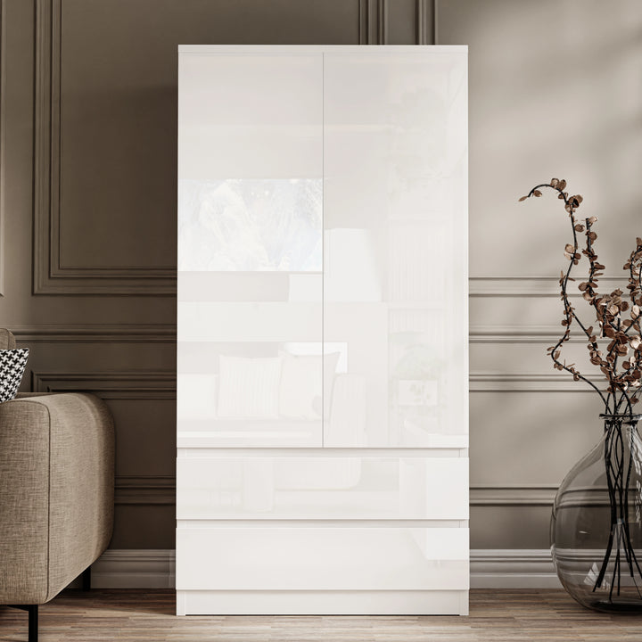[White] front view of 2 door white gloss wardrobe for the bedroom, featuring bottom drawers and handleless design